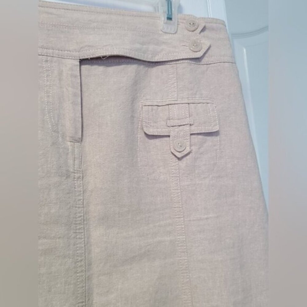 Reitmans Women Linen Beige Cream Taupe Khaki A-Line Lined Midi Summer Skirt - Picture 4 of 8